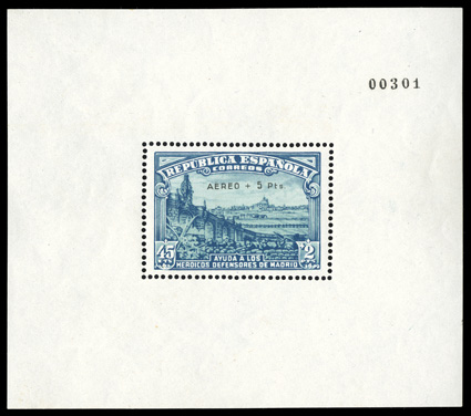 CB6b, 1938 45c + 2P Defenders of Madrid surcharged Aero + 5Pts., souvenir sheet,, very fresh example of this rare souvenir sheet, o.g., just a small gum disturbance spot at
the bottom left edge away from being n.h., very fine signed Calves an