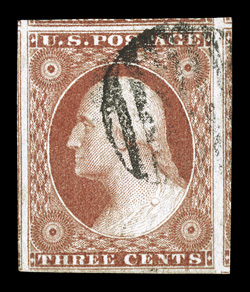 11A, 3c Brownish carmine, Ty. II, impressive used example, featuring extravagantly large margins including portions of adjoining stamps at top, left and right, rich color and a
strong impression, light grid cancel, extremely fine gem 2007 PSE c