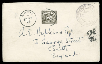 S.G. C2, Tristan Da CunhaSouth Atlantic black violet handstamp, Cachet II, light but fairly clear strike on March 20, 1928 cover, this with 2d postage due handstamp and 2p
Black brown postage due tied by indistinct c.d.s. with Bath20 MR 2