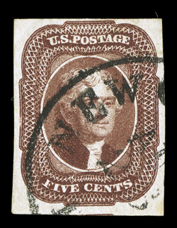 12, 5c Red brown, ample to huge margins, including a bit of the adjacent stamp at base, sumptuously rich color and a fine impression on crisp white paper, New Orleans c.d.s.,
choice very fine.