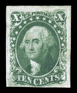 14, 10c Green, Ty. II, impressive example of this rare mint stamp, ample margin at bottom, other three margins quite large, strong color and impression, full original gum, very
fine and choice 2002 PSE certificate.