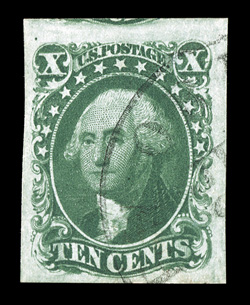 16, 10c Green, Ty. IV, position 55L1, recut at bottom, a most remarkable used example of this truly scarce stamp, being in a quality which very few are found, including
possessing extraordinarily large margins all around, plus its color is espec