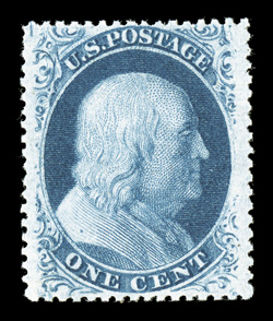 24, 1c Blue, Ty. V, premium mint example, possessing unusually wide margins and being exceedingly well centered within them, lovely rich color, o.g., extremely fine 2001 PF
certificate ex-Gorham.