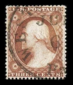 26, 3c Dull red, Ty.III, marvelously well centered, strong rich color, neat town c.d.s. cancel, extremely fine and choice 2008 PSE certificate (XF-Superb 95 SMQ
$245.00).