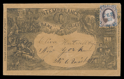 11, 3c Dull red, margins to cutting, small corner nick at upper right, tied by beautifully struck blue Chesterfield, N.H.Feb 22 datestamp to black on buff all-over intemperance
cover published by Charles Spear of Boston, 1853 docket on ve