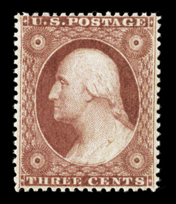 26A, 3c Dull red, Ty. IV, a most impressive mint example of this especially challenging stamp, possessing outstanding centering, strong color and a crisp detailed impression,
full clean o.g. with just a faint hinged mark, extremely fine actuall