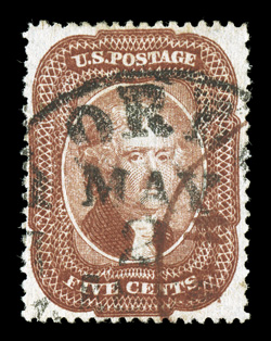 27, 5c Brick red, Ty. I, exceptionally well centered, bright rich color and a well defined impression, New Orleans c.d.s. and a red transit pmk., choice very fine 2009 PSE
certificate.