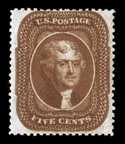 30, 5c Orange brown, Ty. II, uncharacteristically well centered within wide margins, lovely rich color and a sharp impression, full o.g., lightly hinged, extremely fine for
this 2006 PF certificate.