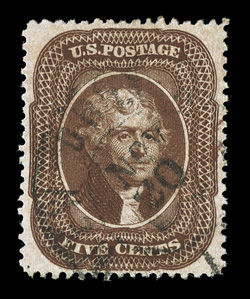 30A, 5c Brown, Ty. II, a marvelously well centered used example of this typically poorly centered stamp, with uncharacteristically large and balanced margins all around, rich
luxuriant color, neat New Orleans double circle town pmk., extremely f