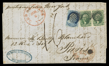 9, 14, 1c Blue, Ty. IV, 10c Green, Ty. II, single of former and horizontal pair of latter, huge margins to cutting, grid cancels, on 1856 folded letter to Paris, red New
OrleansJul 4 c.d.s., red New YorkAm. PacketJul 14 exchange office po