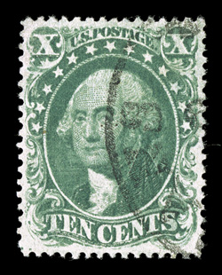31, 10c Green, Ty. I, an outstanding used example in a quality that would be hard to improve upon, possessing impeccable centering amid uncommonly large margins, rich bright
color and a well defined impression, light town c.d.s. cancel, an extre