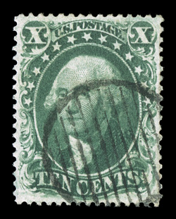 34, 10c Green, Ty. IV, position 64L1, the only position on the sheet which produced the very rare recut at top and bottom variety, an incomparable quality used example whose
overall physical attributes are most impressive, being perfectly center