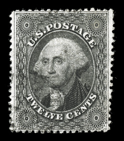 36, 12c Black, plate I, used, exceptionally well centered within wide margins for the difficult Plate 1, strong color and impression, uncommonly light cancel, extremely fine
1988 PF and 2007 PSE certificates.
