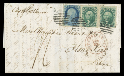 25, 35, 1c Blue, Ty. V and 10c Green, Ty. V, former a single and latter a left interpane margin horizontal pair, tied by open grid cancels to 1861 Augustine Heard correspondence
folded letter to Hong Kong, endorsed City of Baltimore, red 