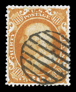 38, 30c Orange, excellent centering within much larger margins than normally found on this narrowly-spaced stamp, intense color and impression, neat grid cancel, extremely fine
1991 PF certificate.