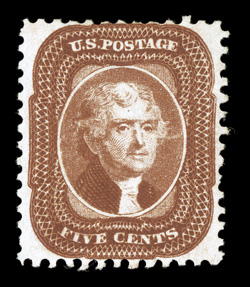 42, 5c Orange brown reprint, without gum as issued, rich bright color, much better centering than usually found, nibbed perf. at right, very fine only 878 sold.