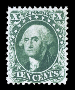 43, 10c Blue green reprint, without gum as issued, uncommonly well centered, strong color and a sharp impression on bright paper, choice very fine only 516 sold 1994 PF
certificate.