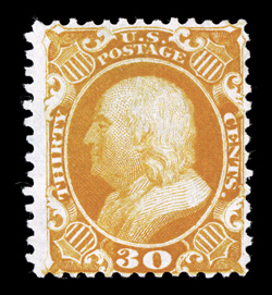 46, 30c Yellow orange reprint, without gum as issued, bright color, better centering than typically found on this difficult value, very fine only 480 sold 1987 PF
certificate.