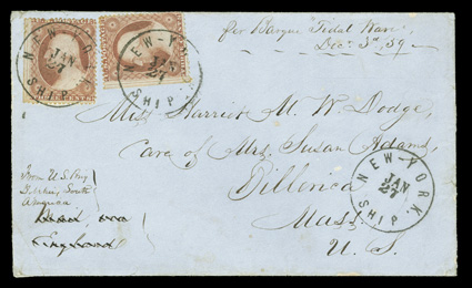 26, 3c Dull red, Ty. III, two singles with natural s.e. at left, tied by separate clear strikes of small New-YorkShipJan 27 c.d.s. to bluish cover to Billerica, Mass., c.d.s.
repeated at lower right, endorsed Mail via England which was cro