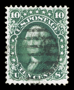 62B, 10c Dark green August, uncharacteristically well centered for this, deep intense color and impression, neat and light strike of a central grid pmk., very fine and choice
1997 PF certificate.