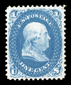 63, 1c Blue, lovely bright color and a clean impression, well centered within large margins, o.g., lightly hinged, choice very fine 2004 PF certificate.
