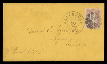 65, 3c Rose, fresh single tied by lovely circle of hearts and diamonds with matching Waterbury, ConAug 2067 double ring pmk. on yellow cover to Seymour, Conn., original letter
also accompanies, slightly reduced at right, very fine and qu