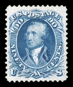 72, 90c Blue, a used stamp that is so faintly cancelled that at first glance it appears to be unused, very well centered within extra-large margins, rich color, extremely fine
1992 PF certificate.