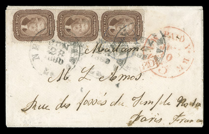29, 5c Brown, Ty. I, nicely centered vertical strip of three, tied by three strikes of New Orleans, La.Jun 28, 1860 datestamp to cover to Paris, red New YorkPaid 3Jun 30
transit, violet Havre entry postmark also ties the stamps, red boxed