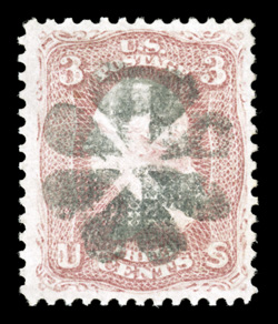85, 3c Rose, D grill, well centered, strong color, wonderfully cancelled by a socked-on-the nose rosette postmark, choice very fine an especially pretty example of a difficult
used stamp 1994 PF certificate.
