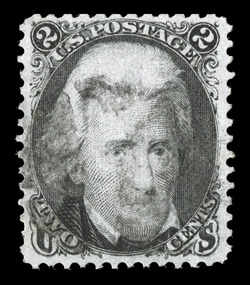 85B, 2c Black, Z grill, select used single, possessing far better centering and much larger margins than what is typically found on this terribly difficult stamp, strong color
and impression, light quartered cork cancel, its grill is especiall
