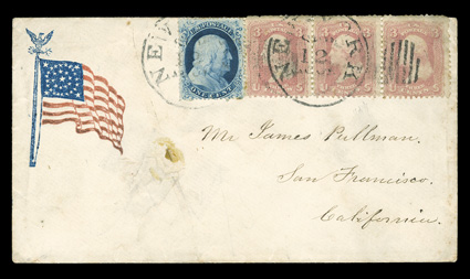 22, 1c Blue, Ty. IIIa, Plate 11, tied along with horizontal strip of three 3c Rose pink (64b), small faults from placement at cover edge not noted on the certificate, by New
YorkSep 12, 1861 datestamp to waving flag patriotic cover to Sa