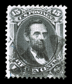 91, 15c Black, E grill, extraordinarily well centered within far larger margins than typically associated with this value, strong color and a crisp impression on bright paper,
neat and unobtrusively struck wedges postmark, an extremely fine us