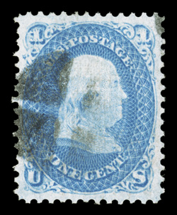 92, 1c Blue, F grill, a most impressive used example, being impeccable well centered amid uncharacteristically large margins, strong rich color and a crisp impression,
quartered cork cancel, extremely fine actually a very challenging stamp to