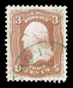 94, 3c Red, F grill, a stunning used single, boasting virtually perfect centering amid uniformly oversized margins, strong color and a crisp impression on immaculate white
paper, full perforations all around and neatly cancelled by a small blu