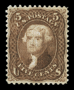 95, 5c Brown, F grill, fresh example of this scarce mint stamp, featuring deep rich color and a well defined impression, plus it is extraordinarily well centered, especially
for this notoriously difficult stamp, fresh clean o.g., lightly hinge