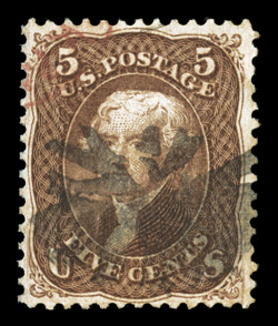 95, 5c Brown, F grill, wonderfully well centered within margins generous enough to allow the perforations to clear the design all around, an uncommon feature on this tightly
margined value, with deep rich color in a pretty shade and a detailed