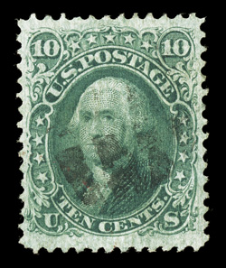 96 var., 10c Yellow green, F grill, split grill and very thin paper varieties, showing clear grills at top and bottom, exceedingly well centered within very large margins,
bright fresh color, lightly cancelled, extremely fine a scarce combina