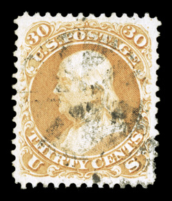 100, 30c Orange, F grill, select used example of this very scarce and challenging stamp to find in true premium condition, possessing outstanding centering within
extraordinarily large margins, a most unusual trait, plus its color is quite str