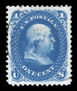 102, 1c Blue re-issue, an absolutely spectacular quality used example, whose overall physical attributes would be virtually impossible to improve upon, being incredibly well
centered amid huge margins, its color could not be more intense nor its