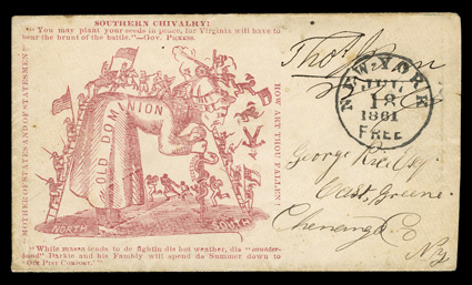 Southern Chivalry caricature patriotic cover franked by Thomas Jefferson Barr (U.S. Representative from New Yorks 4th District), frank cancelled by bold New YorkJul 18, 1861Free
datestamp, fresh and very fine a very difficult design to find
