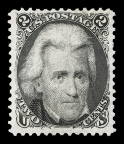 103, 2c Black re-issue, well centered within rather large margins, strong re-issue color and impression on fresh paper, o.g., lightly hinged, a very fine example of this rare
stamp 1977 and 2006 PF certificates.