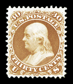 110, 30c Brownish orange re-issue, the mint example offered here is, without question, among the finest available of the mere 346 sold, as this particular copy is the
beneficiary of extraordinary physical characteristics which are rarely enc