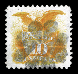 116, 10c Yellow, gem used example, featuring lavishly large jumbo margins and being wonderfully well centered within them, gorgeous intense color and impression on bright
paper, superbly cancelled with a nearly complete fancy circle of hearts<