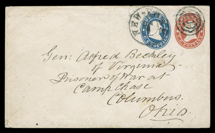 U28, 1c Blue + 3c Red entire, cancelled by double circle New YorkJun 6 (1861) duplex postmark and addressed to Gen: Alfred Beckley of Virginia, Prisoner of War at, Camp Chase,
Columbus, Ohio, very fine a very early POW usage, hence no