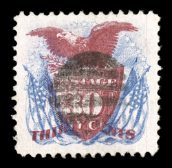 121, 30c Blue and carmine, wonderfully well centered amid extravagantly large margins, attractive rich colors, light grid cancel, extremely fine a huge stamp 1984 PF
certificate.