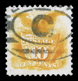 127, 10c Yellow re-issue, an outstanding used example of this re-issue, possessing huge margins all around and being wonderfully well centered within them, bright fresh color
on pristine white paper, neat double oval cancel, extremely fine ce