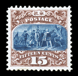129, 15c Brown and blue re-issue, Ty. III, a magnificent mint single in a quality that is almost never encountered, sporting extraordinarily large margins all around and being
remarkably well centered within them, rich luxuriant colors and highl