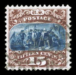 129, 15c Brown and blue re-issue, Ty. III, uncommonly well centered within large margins, deep colors and intense impressions, lightly New York oval registry cancel, extremely
fine a highly desirable used example of this scarce re-issue 2000 P