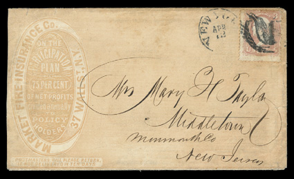 65, 3c Rose, light vertical crease at right and lightly toned perfs. at top, cancelled by nicely struck Bird on Nest, fancy cancel (Skinner-Eno PA-B9), matching small New
YorkApr 12 c.d.s. along side, on buff advertising cover for Market