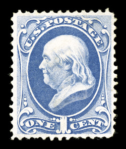 134, 1c Ultramarine with grill, a highly desirable mint example of this always difficult stamp, precisely centered within large margins, features that are seldom encountered on
the grilled Bank Notes, lovely rich color and impression on clean wh